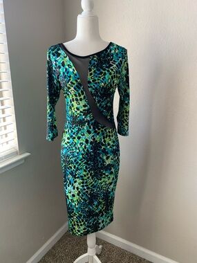 Green & Teal Printed Midi Sheath Dress with Mesh V-Inset